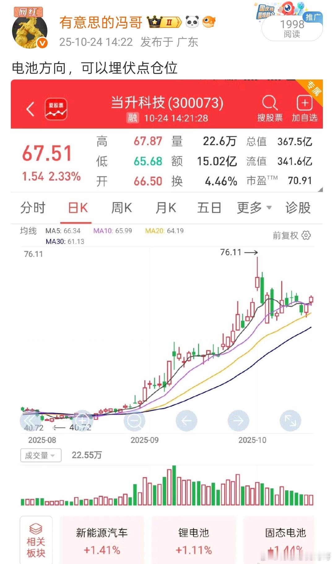 看图说话，埋伏的固态电池方向的当升科技也是继续稳稳的吃肉，这节奏也是非常舒服的，