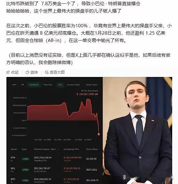 网上爆料，巴伦爆仓8亿，真的亏了吗？
 
比特币一夜跳水，小特朗普巴伦8亿爆仓的
