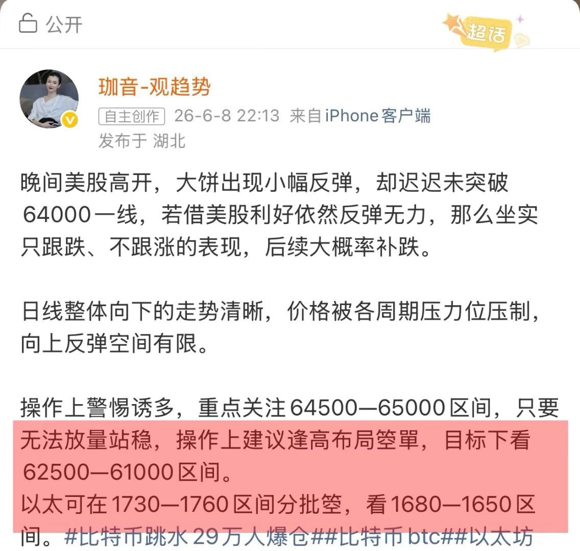 顺势而为，每一次波动都是机会🚀周一当市场还在期待向上突破时，音姐公开博文中发出