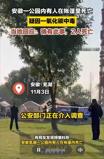 
安徽芜湖2人在公园帐篷内疑因一氧化碳中毒身亡！
11月3日，安徽芜湖，一公园内