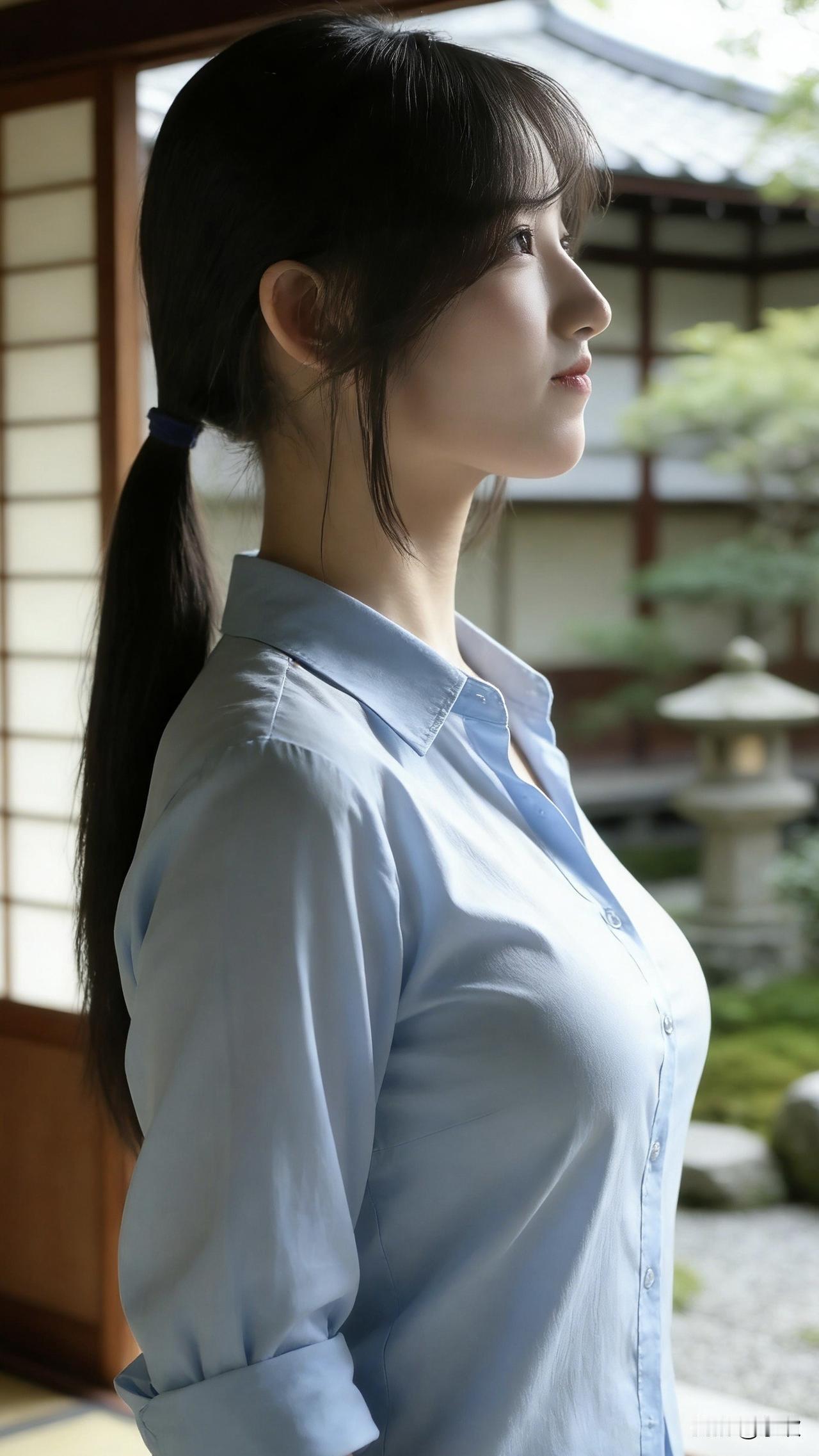 浅蓝衬衫的布料被和风轻轻吹起一角，她静立在日式庭院的檐下，目光越过石灯笼落在远处