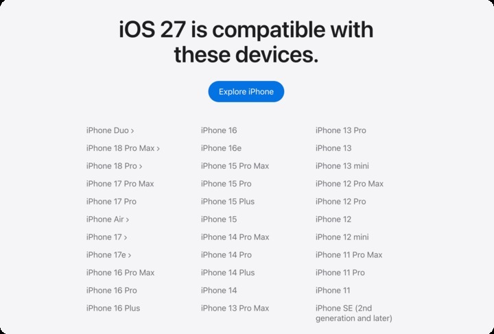 iOS 27.1 正式版只推给 iPhone Duo 一台机，别的机型直接跳过等