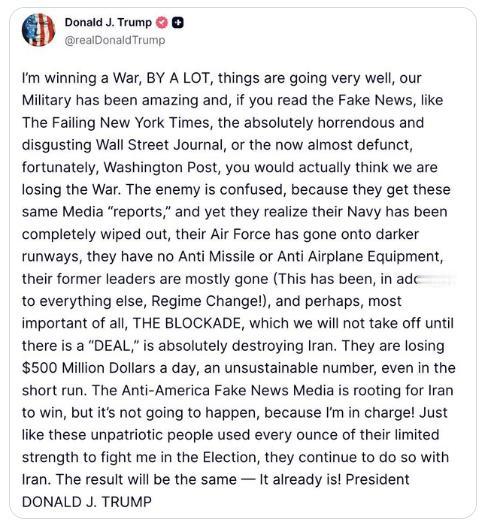 【特朗普说他正在伊朗的战争中以巨大优势获胜，并对记者们大加抨击： 我正在赢得一场