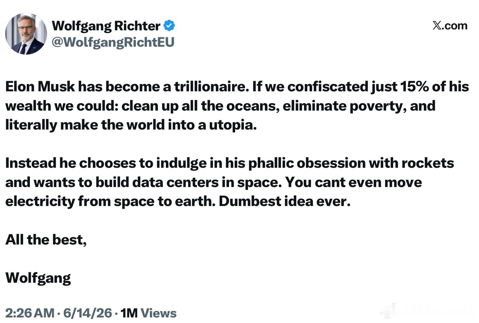 左派眼紅馬斯克有那麼多的錢💰，馬上找一個冠冕堂皇的理由以此名正言順地搶錢。伊隆