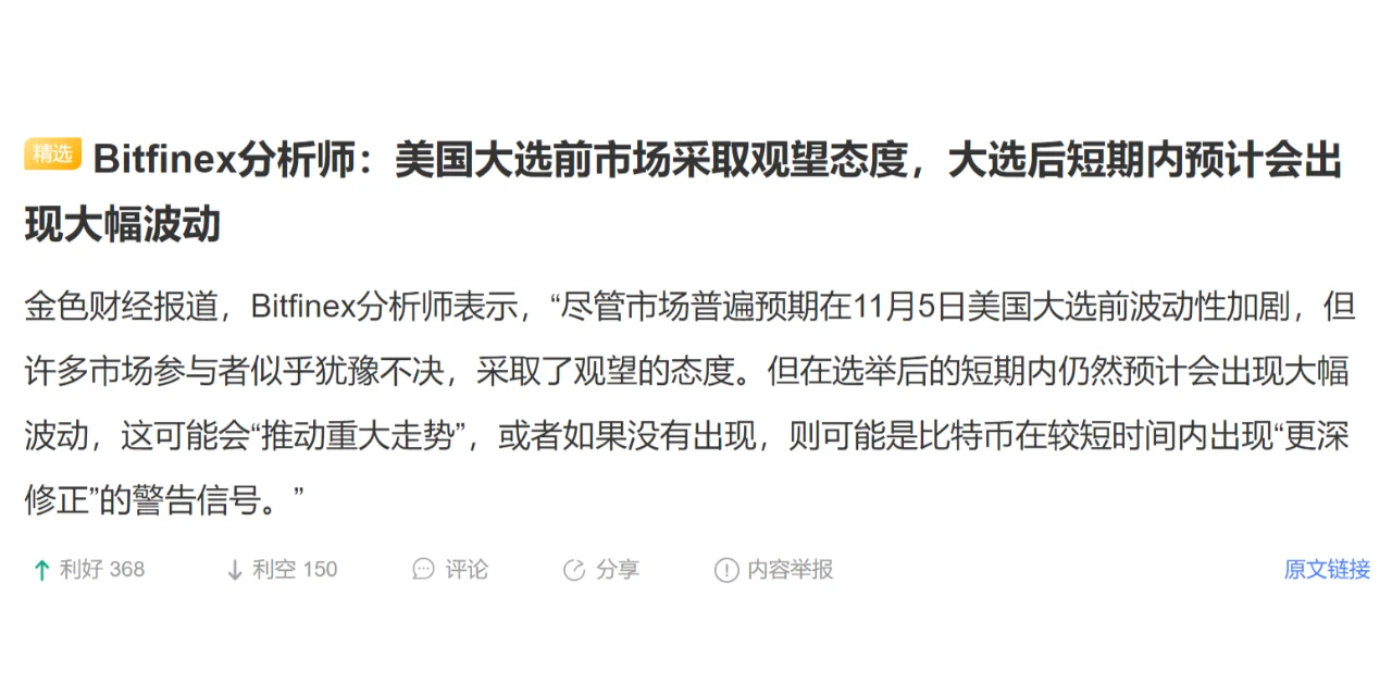 Bitfinex分析师：美国大选前市场采取观望态度，大选后短期内预计会...