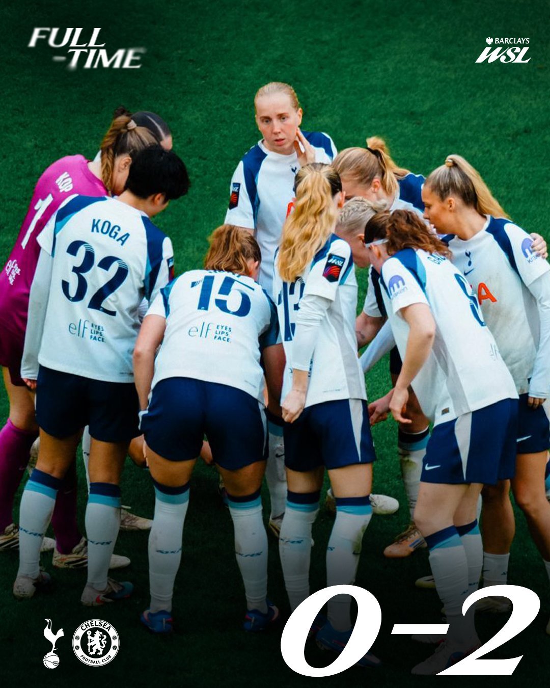 全场比赛结束，热刺女足0-2切尔西女足，面对积分高于自己的对手仍然难求一胜 