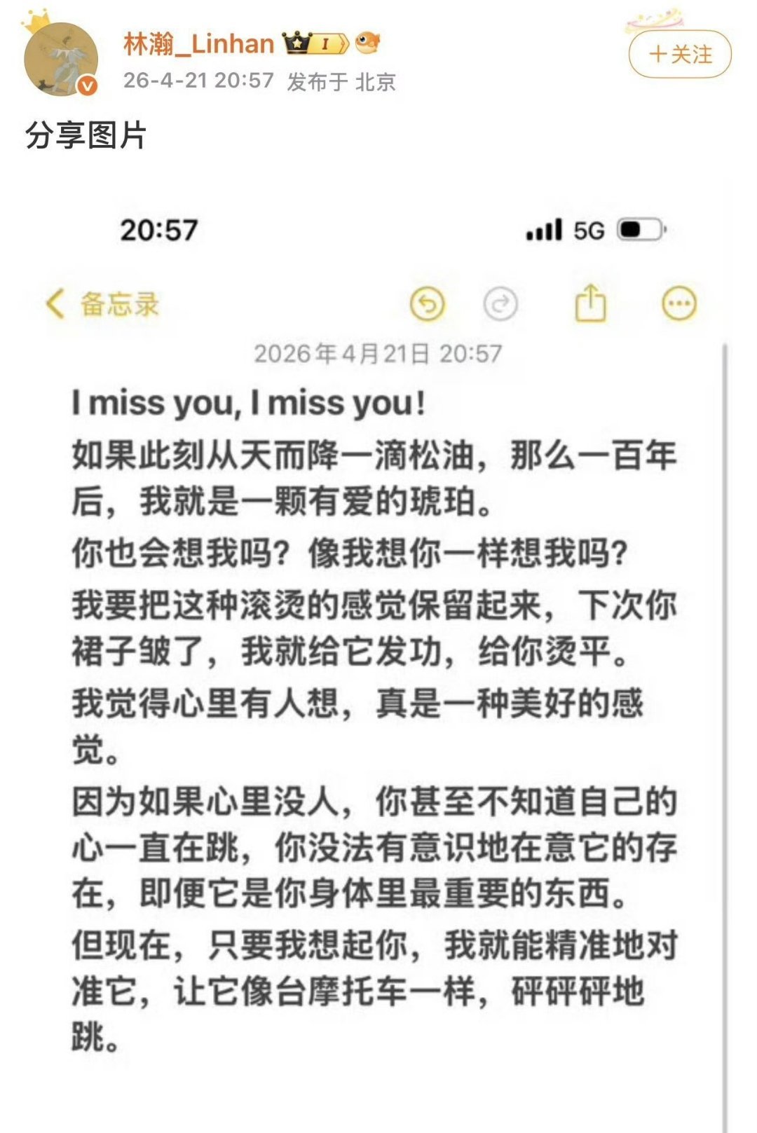 林瀚又给晚晚写诗了，“只要我想起你，我就能精准地对准它，让它像台摩托车一样，砰砰