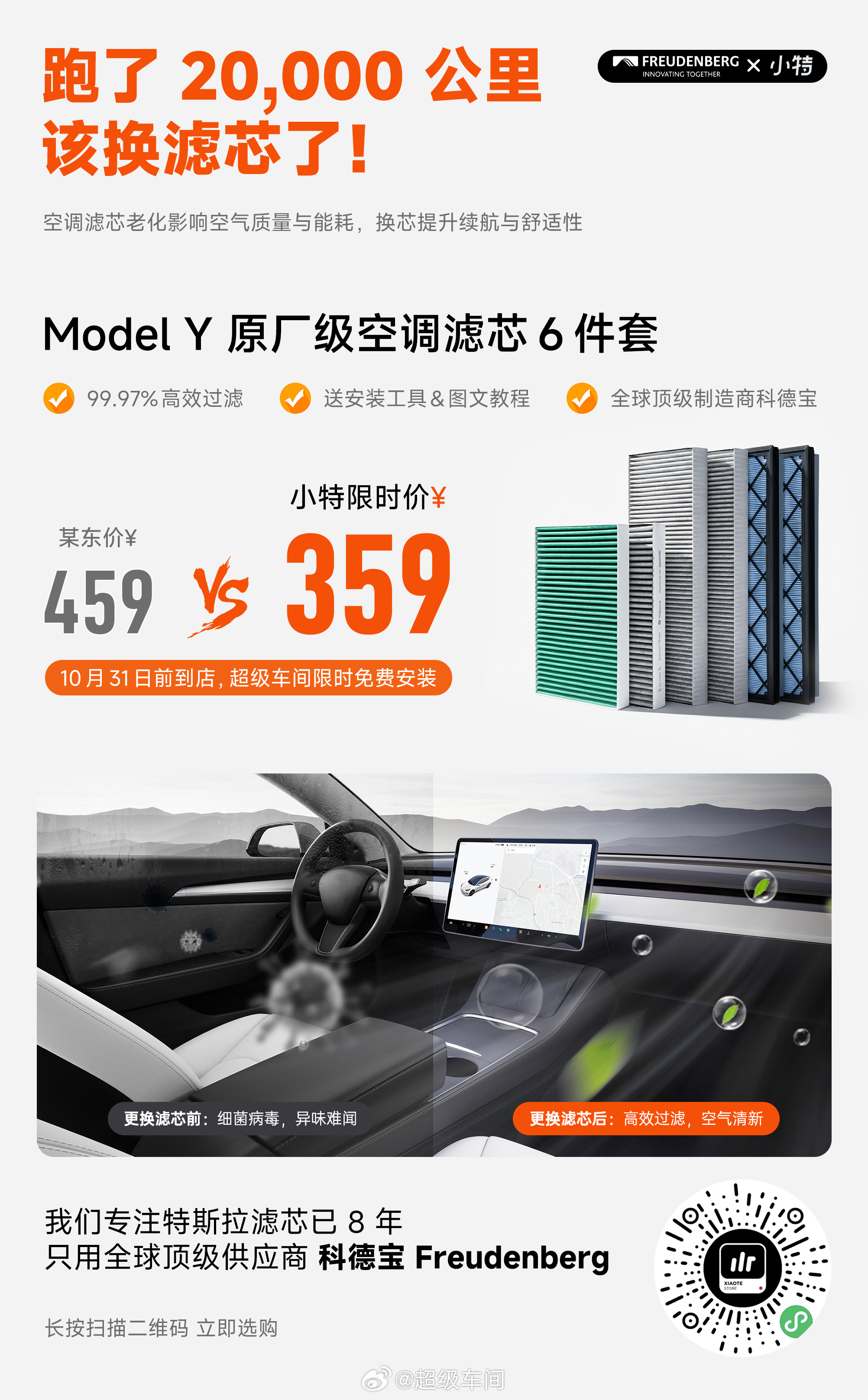 囤个滤芯咯！十一长途自驾回来，直接换。359元，Model Y 六件大全套，10