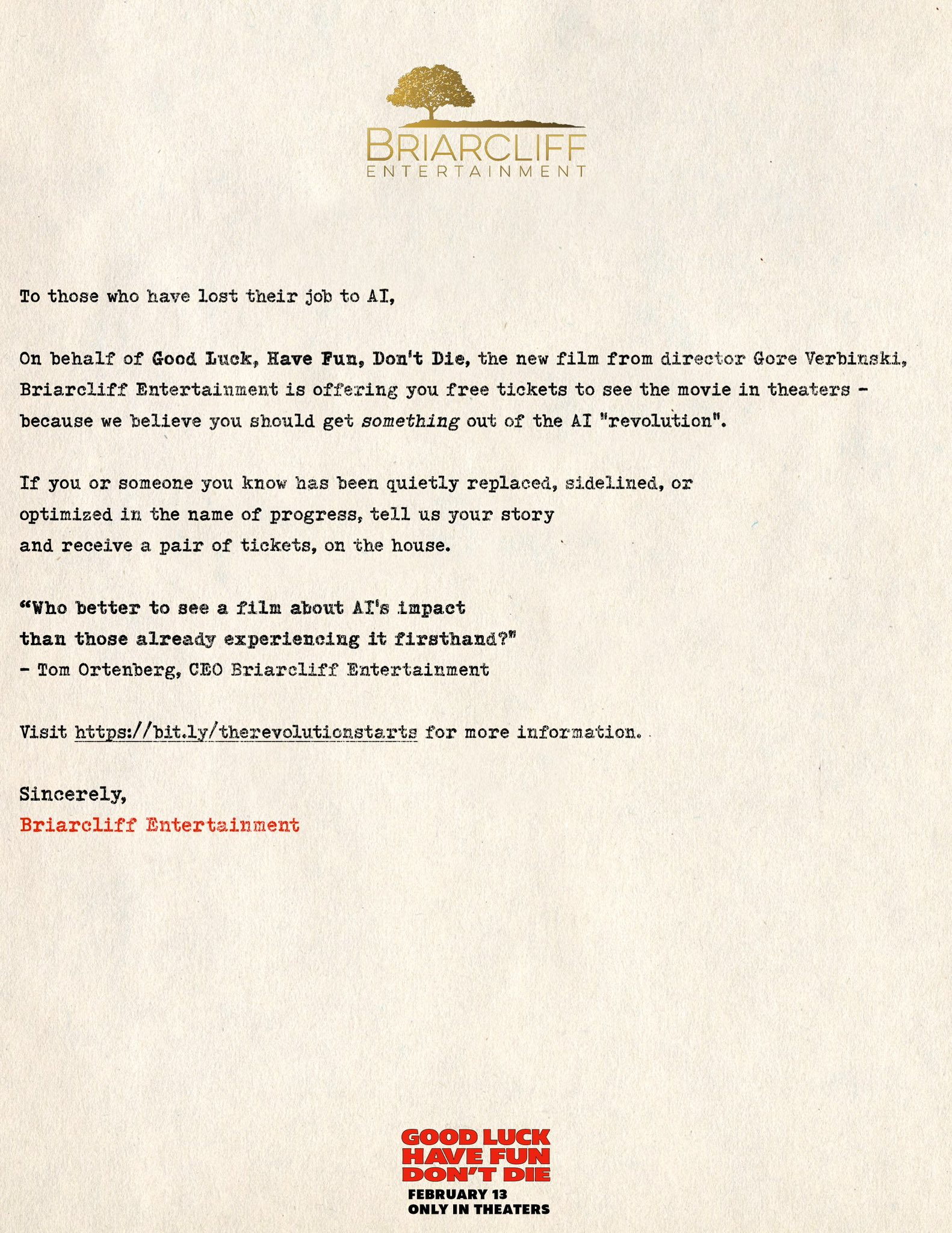 戈尔·维宾斯基执导的科幻惊悚片《团战之夜》搞了一个很有趣的宣传活动：宣布将为因A