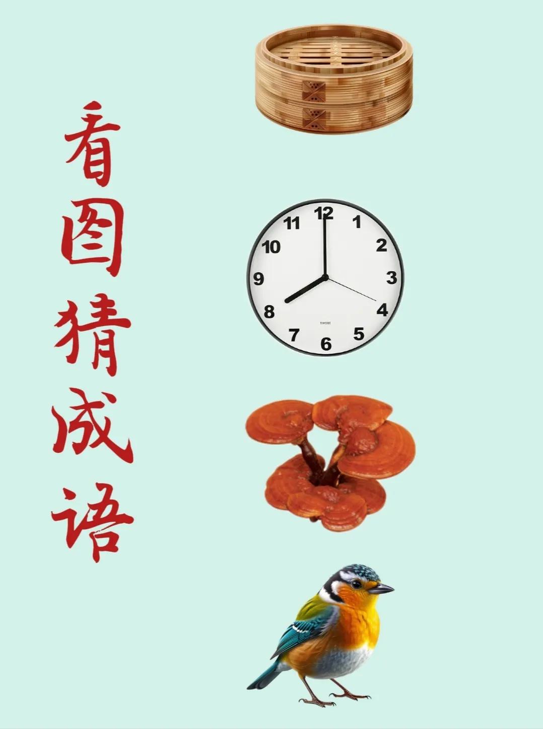 看图猜成语：
一个蒸笼，
一个闹钟，
一窝灵芝，
一只色彩鲜艳的小鸟！
.
猜猜