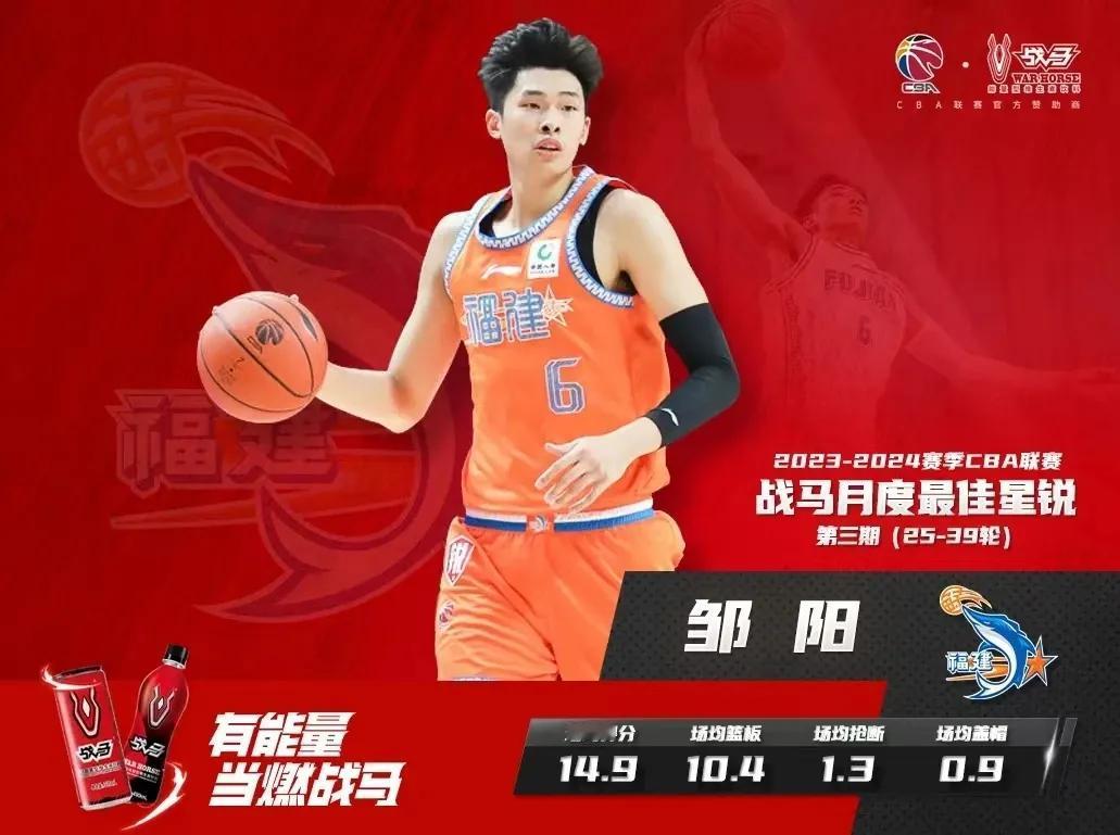 邹阳荣获CBA月最佳新秀！
邹阳荣膺2023-2024赛季CBA联赛第3期“战马