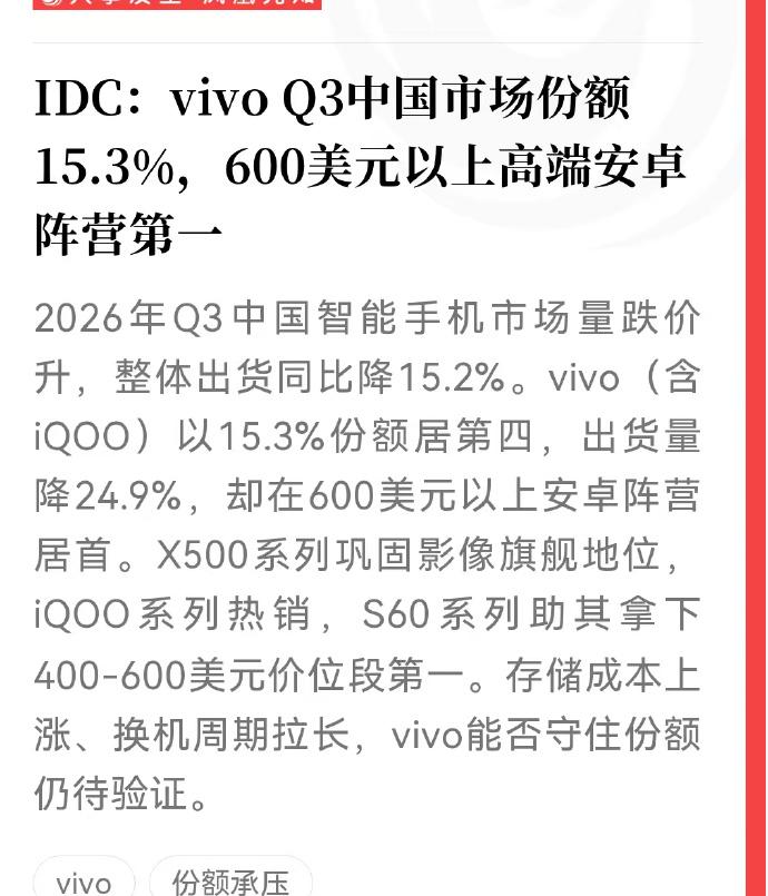蓝厂主攻高端市场，600美元以上高端安卓阵营第一

IDC最新Q3数据出炉，蓝厂