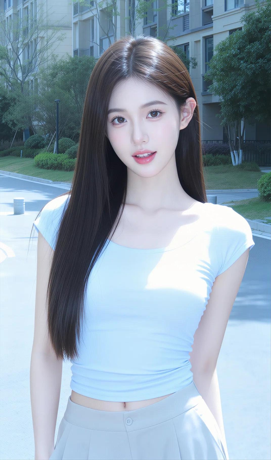 这位姐姐美得极具辨识度，一头乌黑顺直的长发如瀑布般垂落，衬得肌肤胜雪，是典型的清