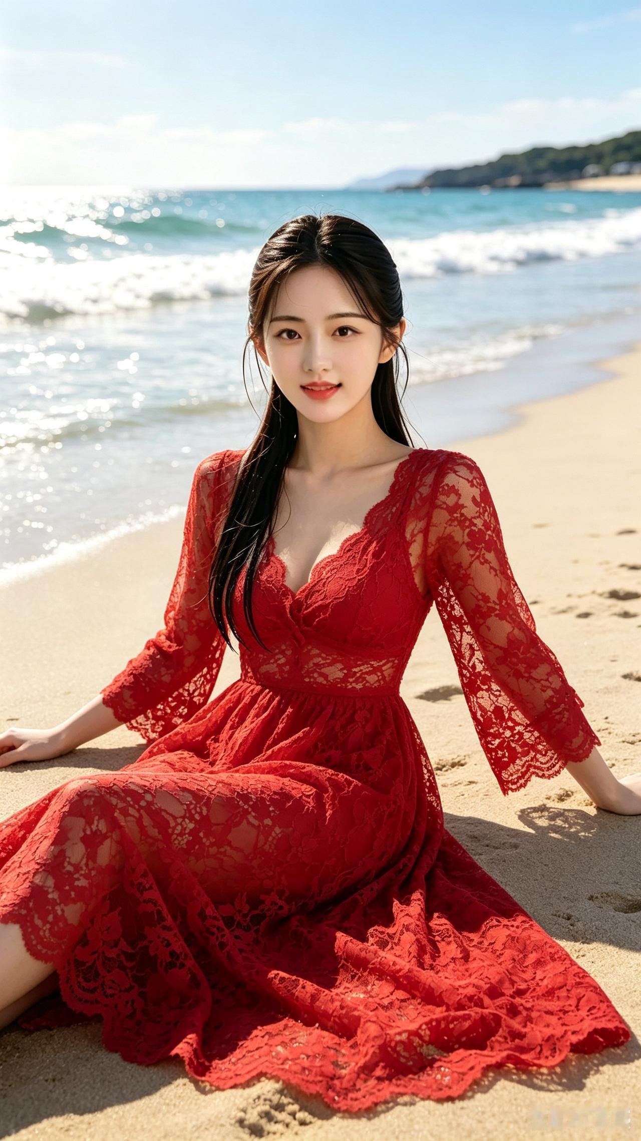 一个穿红裙子的美女坐在沙滩上，享受着午后的阳光海边美女照