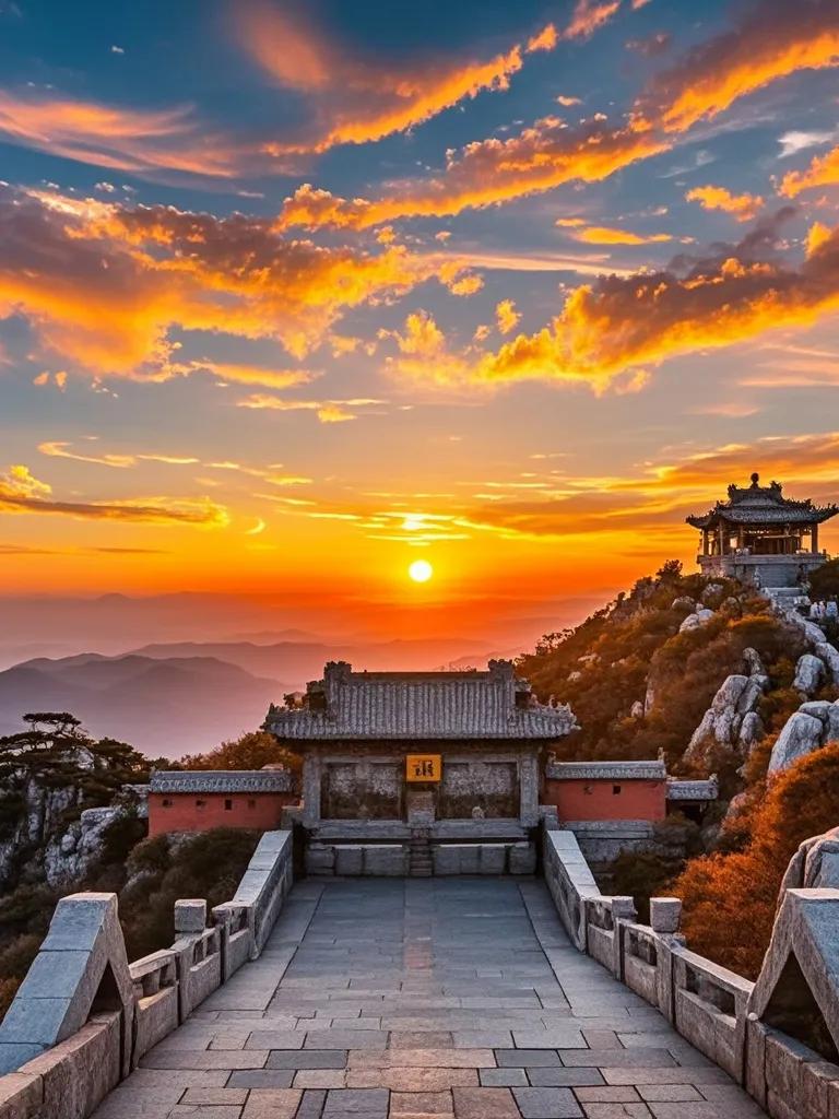 - 泰山中天门，太阳渐渐西沉，余晖将山间的树木染成了金红色，它们在微风中摇曳，像