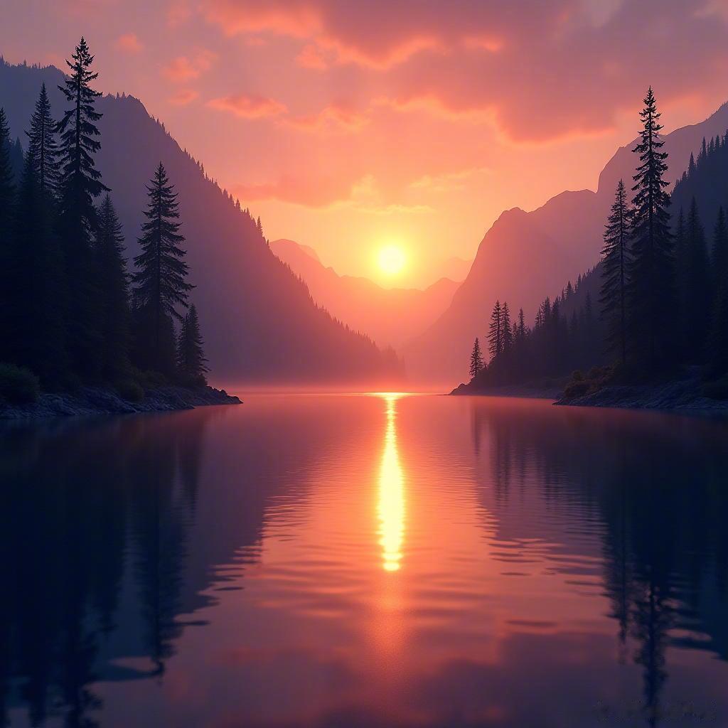 愿这幅风景如同落日余晖，带给你宁静与美好。愿你生活如湖水般平静，心灵如天空般绚烂