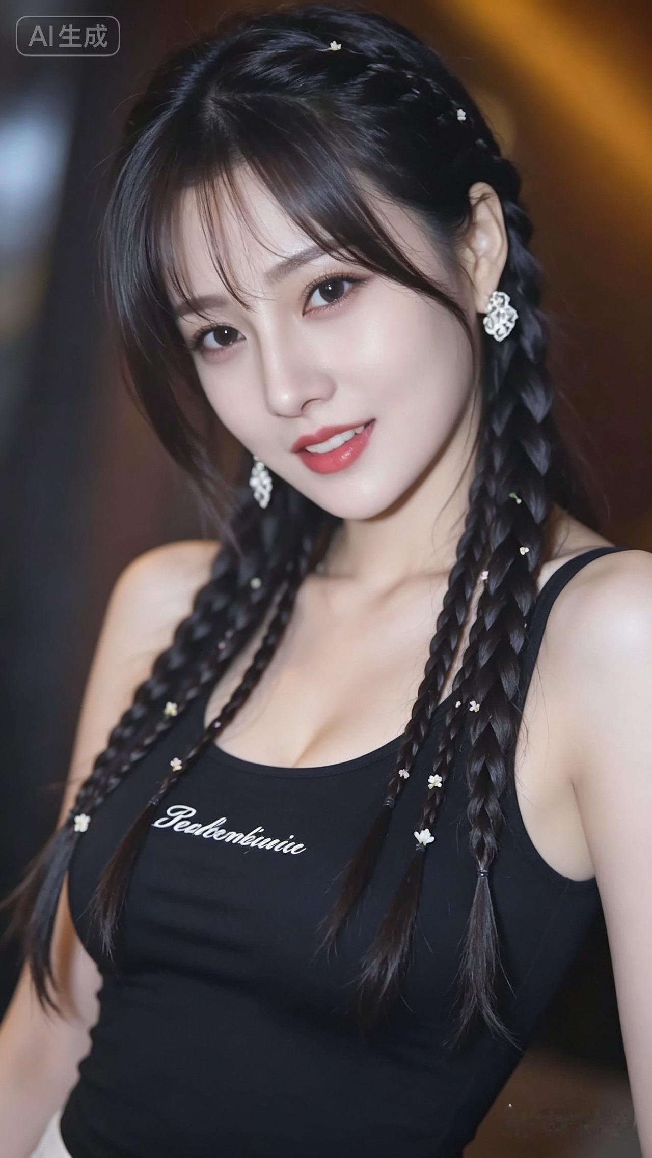 甜美少女风，黑发编辫，优雅动人