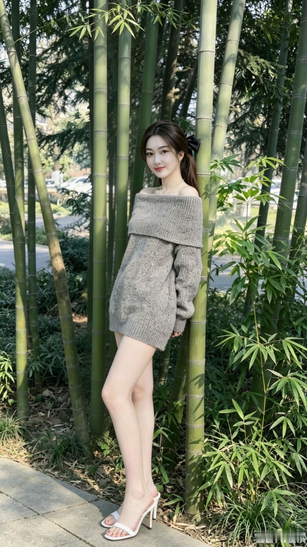 竹林中的甜美少女，毛衣与高跟鞋的完美搭配，清新自然。
