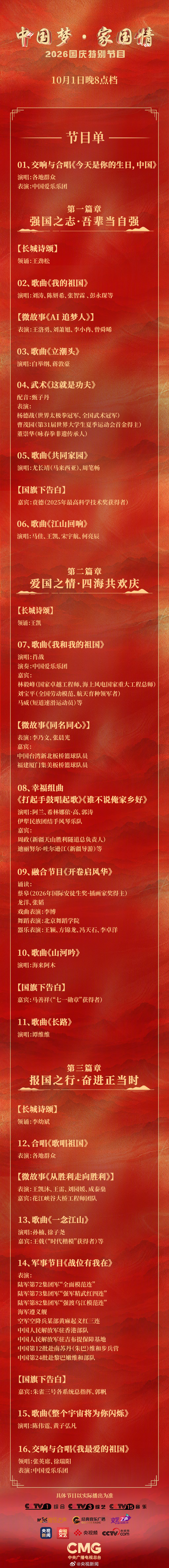 【转存！央视国庆晚会完整版节目单】央视国庆晚会阵容发布 诗颂长城，歌咏山河；家国