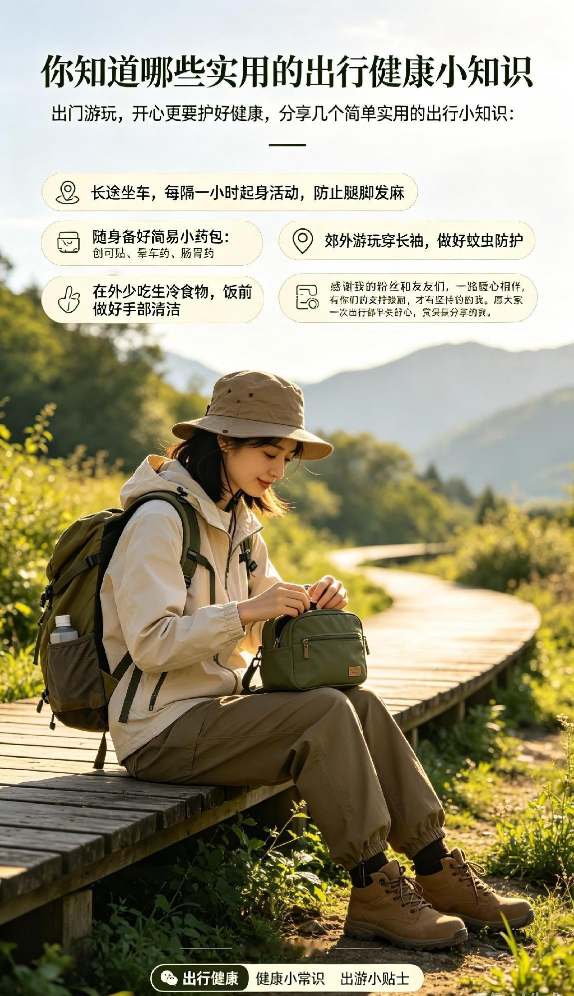 出门游玩，开心更要护好健康，分享几个简单实用的出行小知识：
✅长途坐车，每隔一小