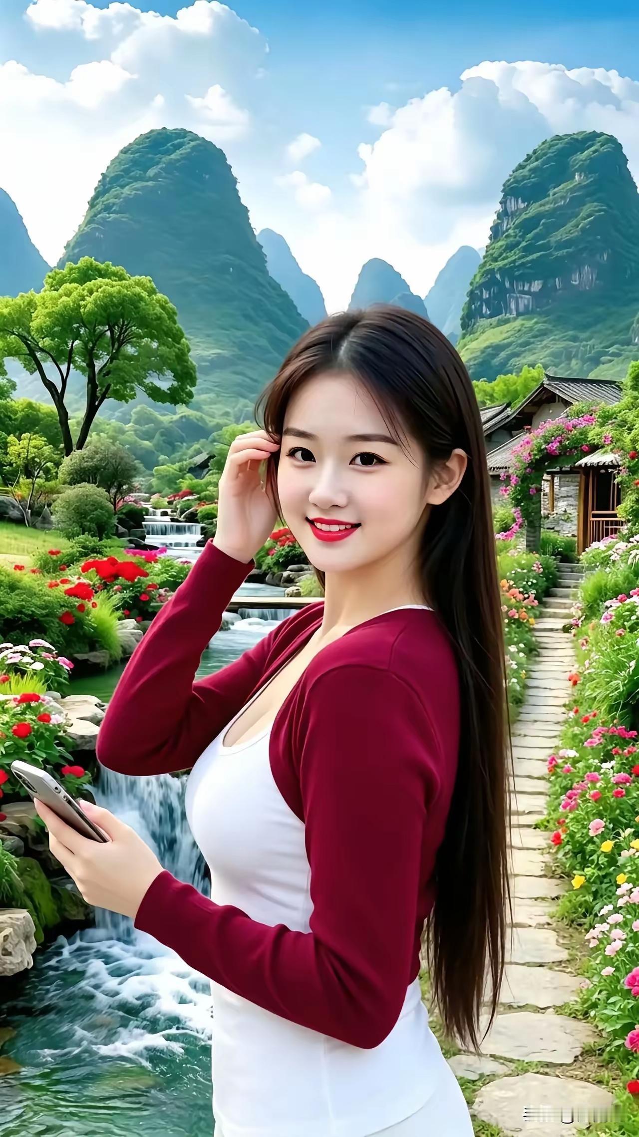这姑娘站在风景如画的乡村。