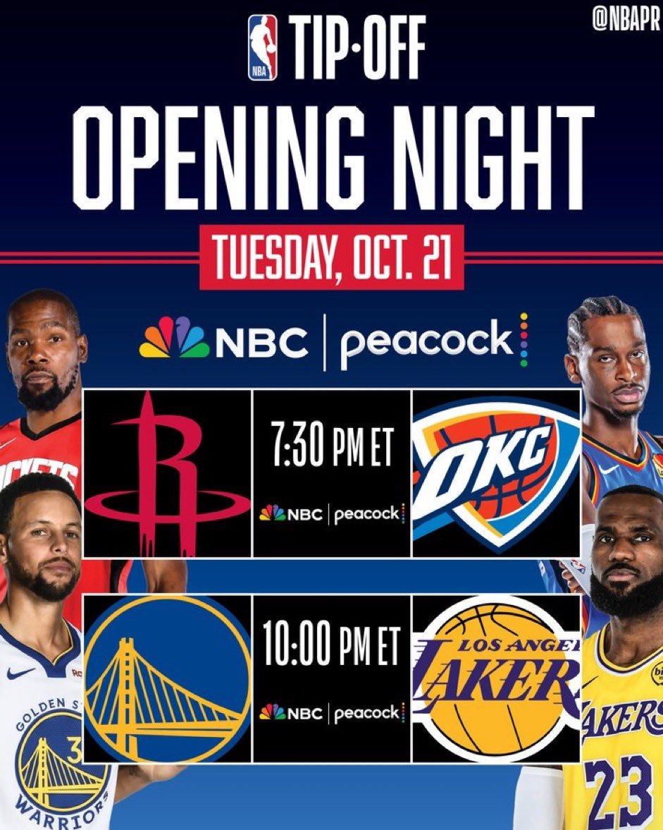 新赛季重头戏，NBA揭幕战10月22日7点半火箭vs雷霆 ，10点勇士vs湖人 