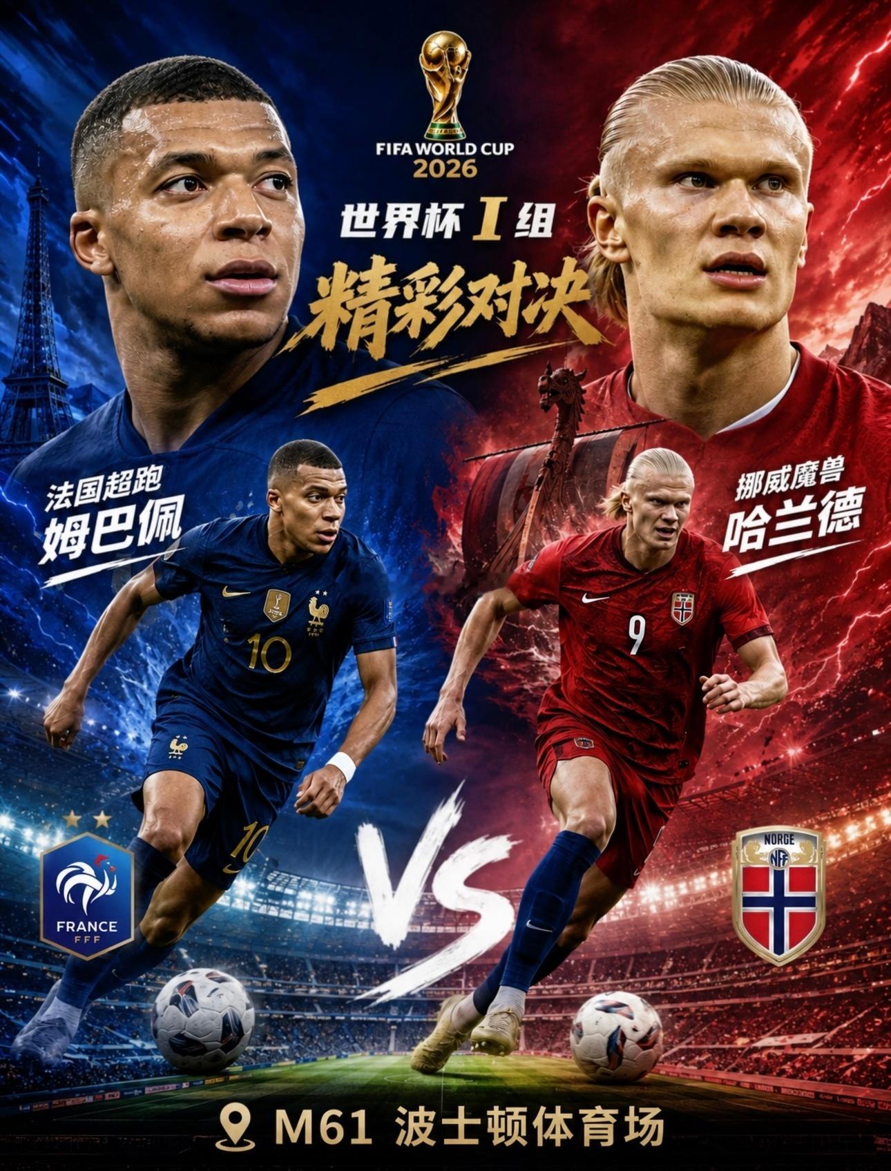 姆巴佩哈兰德将正面对决北京时间6月27日凌晨3点，2026世界杯I组头名争夺战将