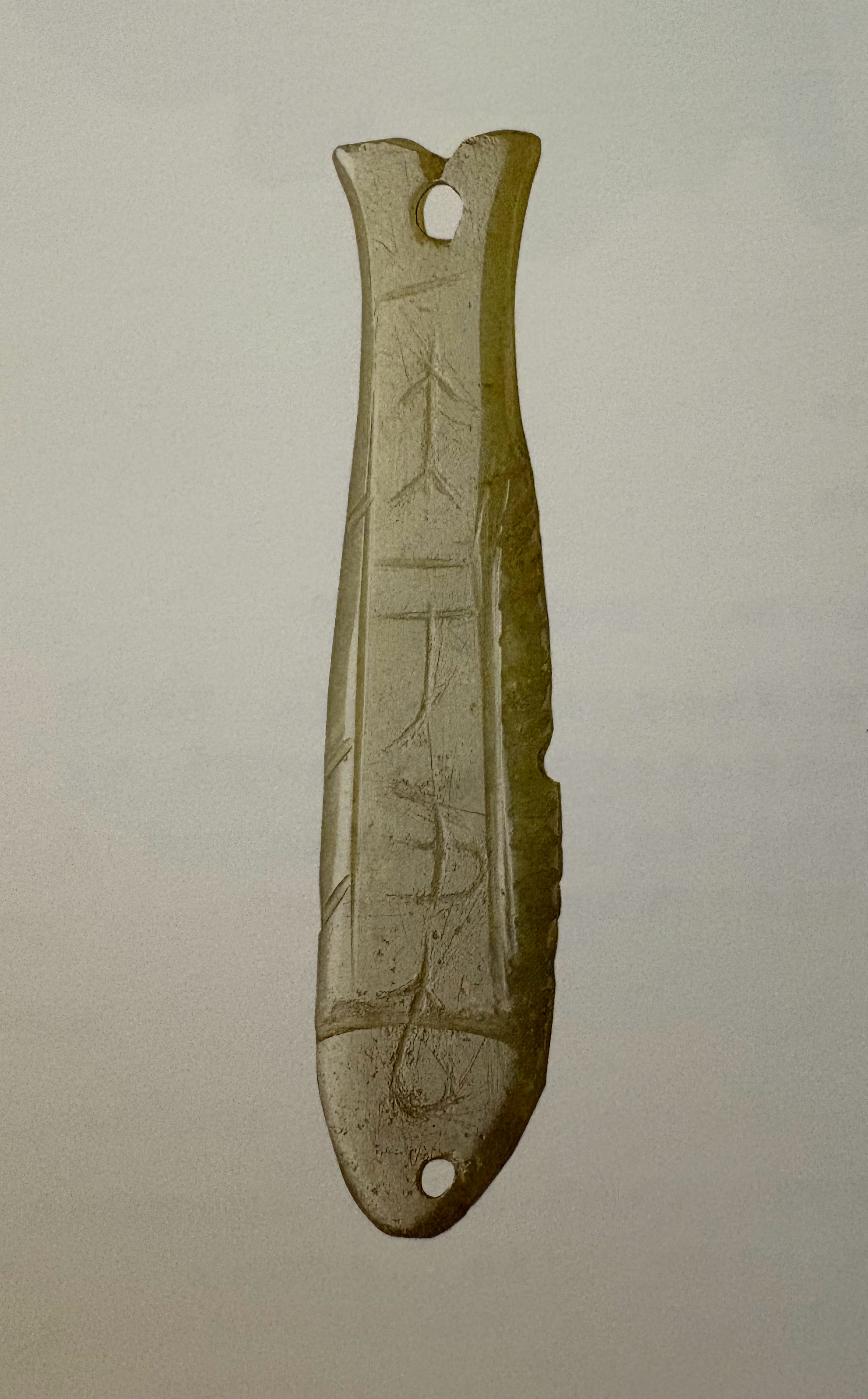 台北史语所藏小屯M331出土玉鱼饰。上面有刻文：“大示X“ 最后一字是“危害“的