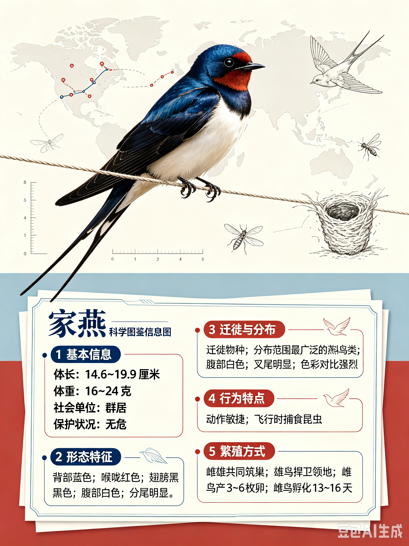 鸟类朋友图鉴 家燕体长：14.6~19.9 厘米体重：16~24 克社会单位：群