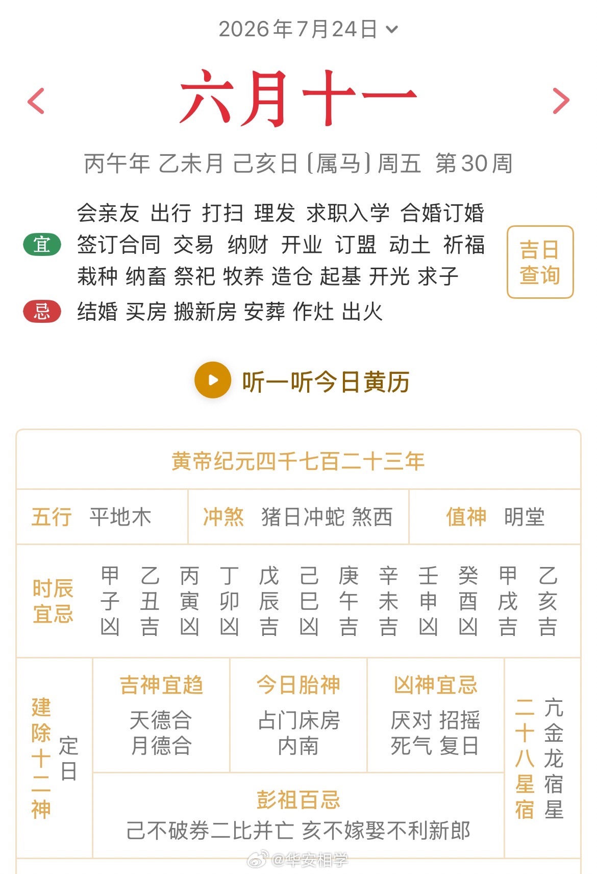 十二生肖每日简运 仅供参考2026.7.24丙午年乙未月己亥日己亥天克地冲癸巳：