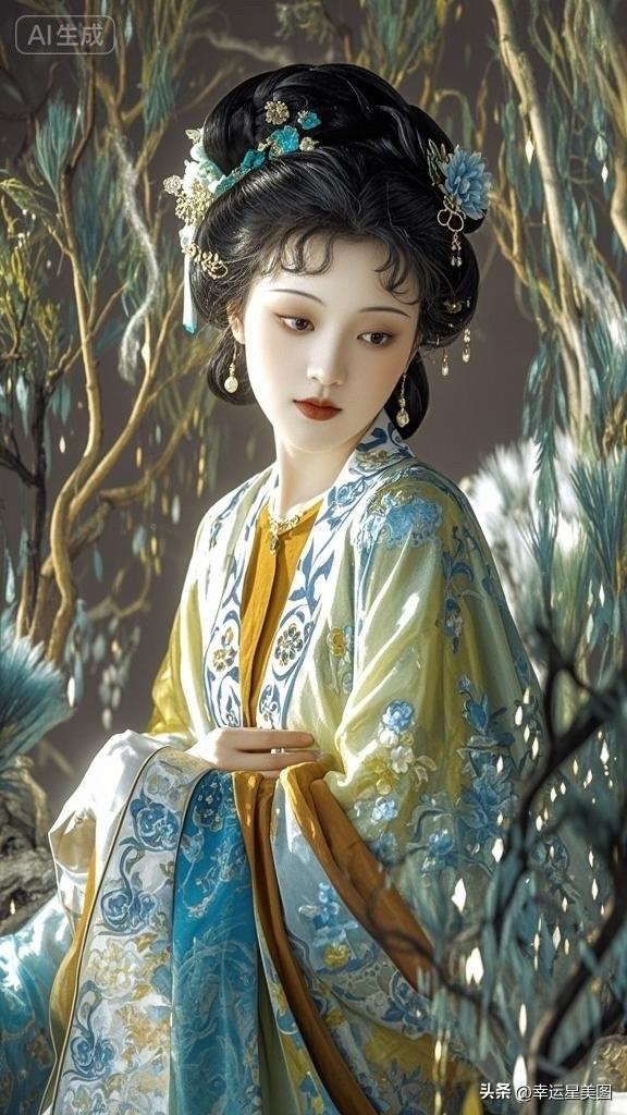 仙气飘飘的汉服美人，头戴白鹤，宛如画中仙子。