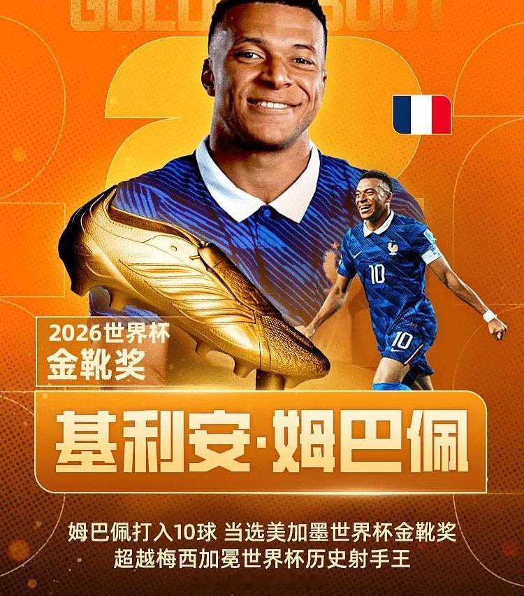 2026美加墨世界杯落幕，姆巴佩最终以8场10球荣膺金靴。凭此，姆巴佩也成为世界