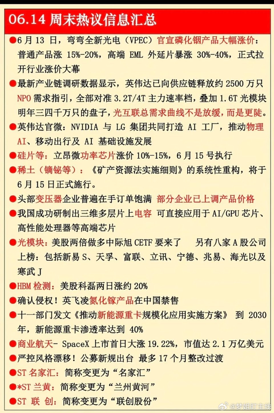 6.15周一 财经热点信息汇总！1.磷化铟产品涨价2.光互联3.物理AI4.变压