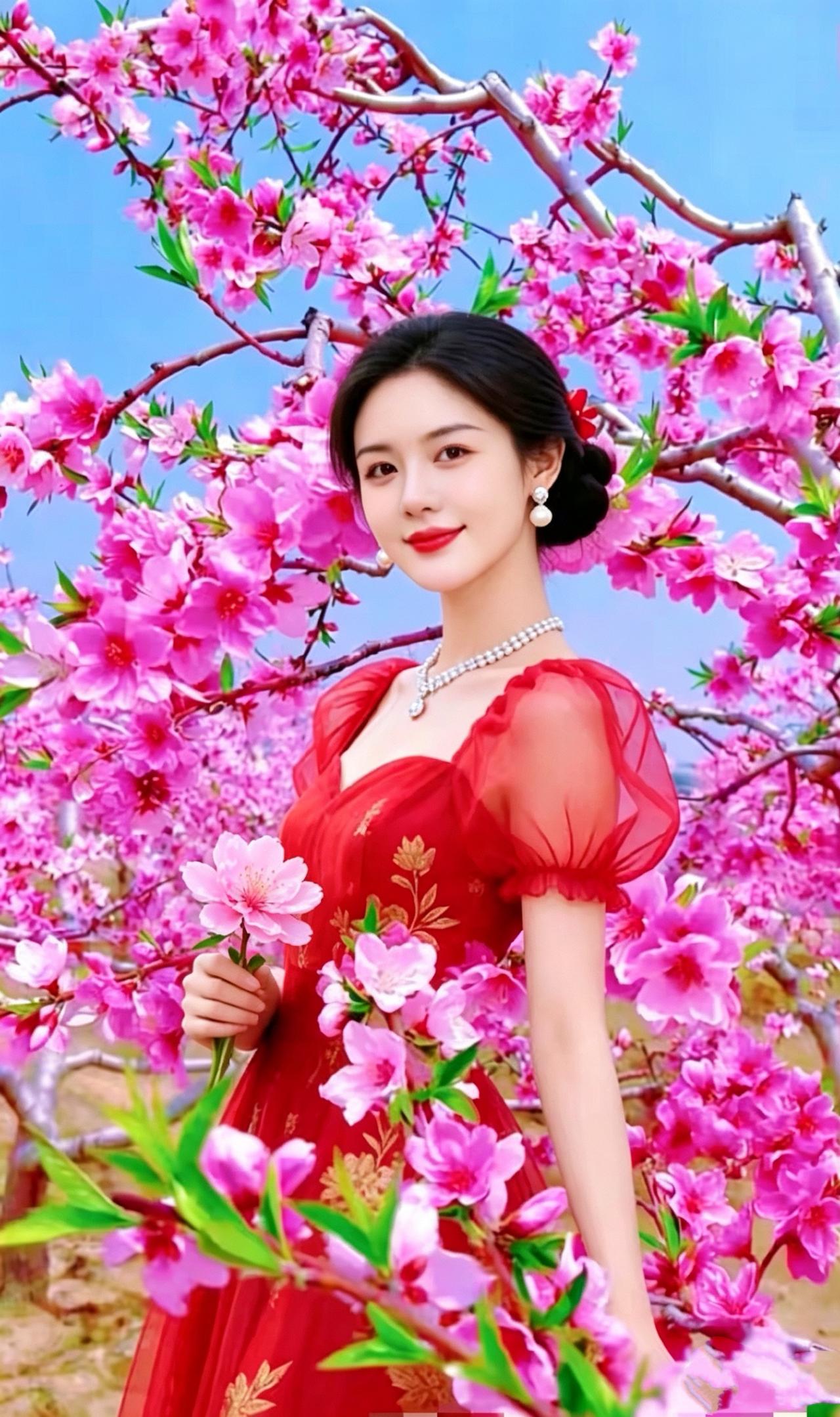 桃园花仙
桃林十里漫绯烟，
绰约仙娥立树前。
笑靥轻融春色里，
花枝斜映鬓云边。