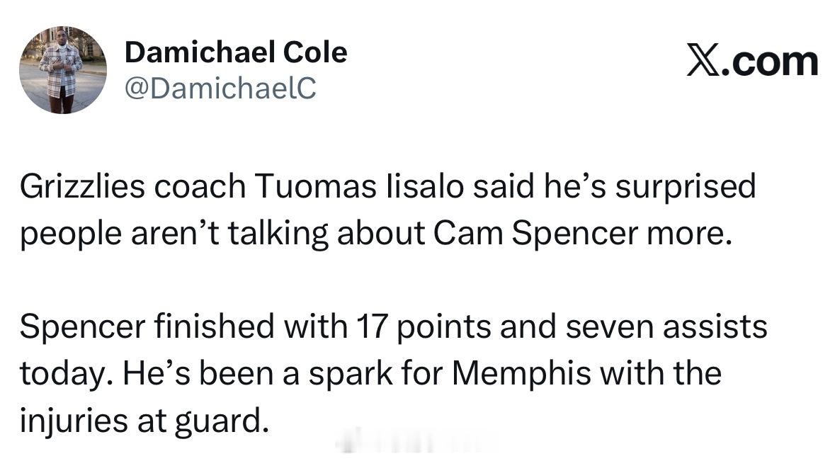 伊萨洛惊讶于人们对斯宾塞讨论得不够多。教练，欢迎订阅孟菲斯灰熊球迷播客。 