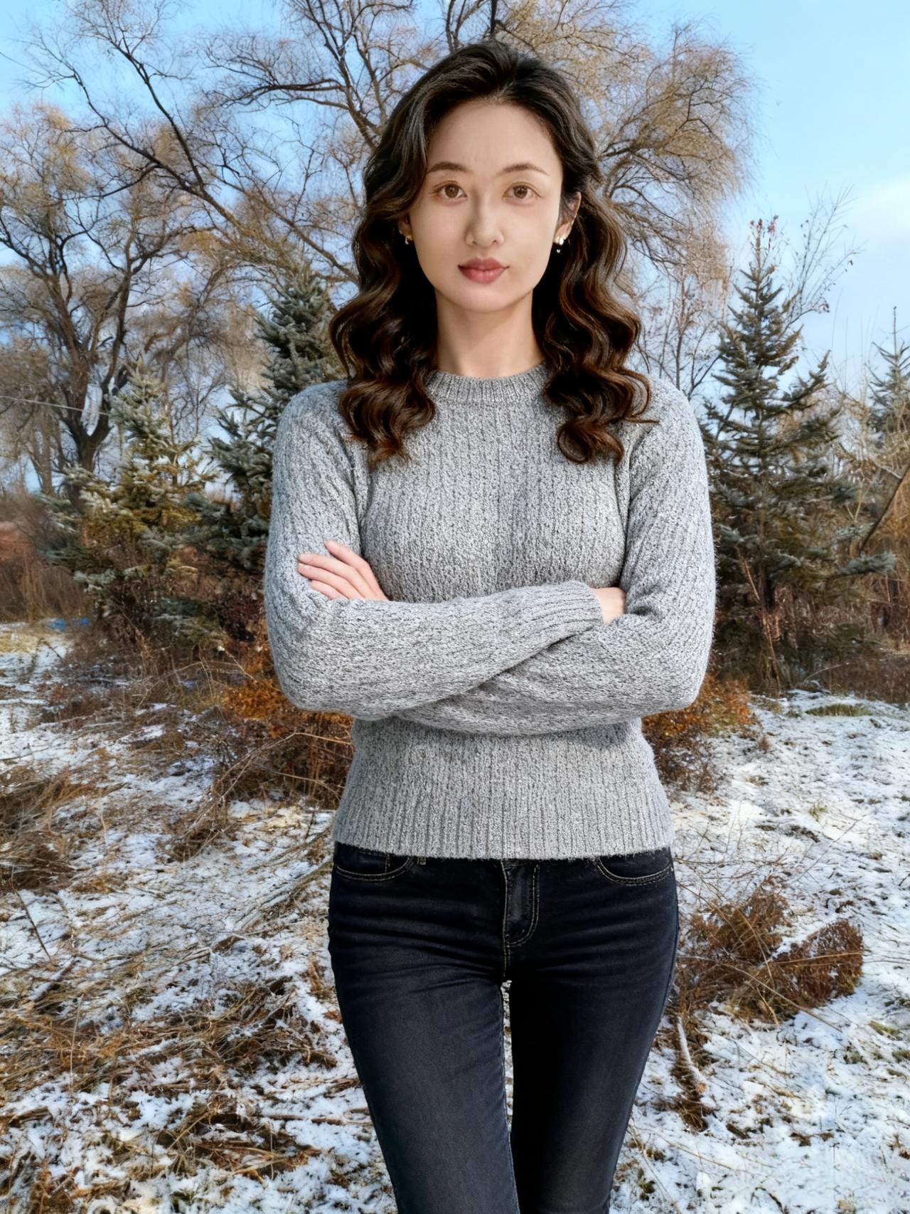 她站在雪地里
像一株耐寒的植物
灰色的毛衣，是冬的底色
温暖着她的身体
 ～
黑