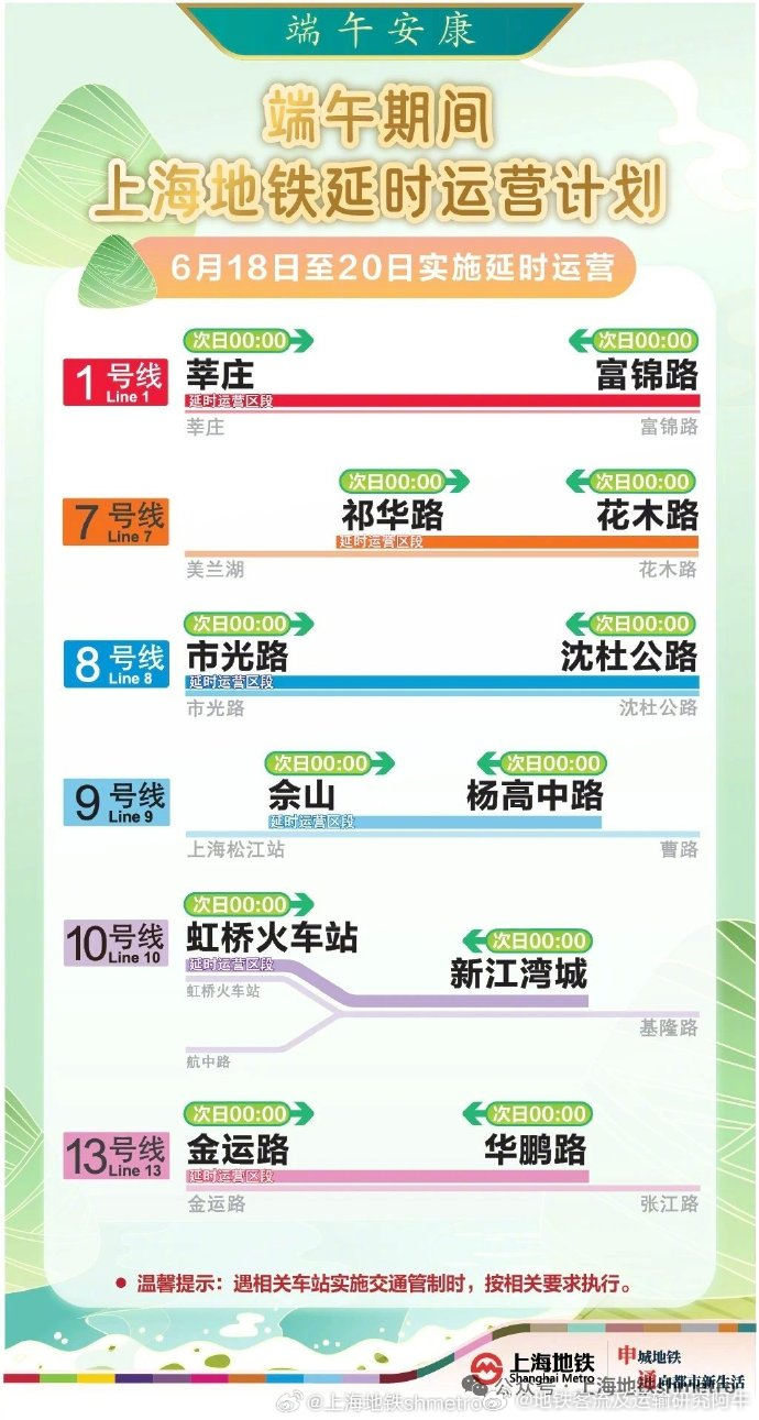 【上海地铁 地铁提示】2026年“端午”小长假自6月19日（周五）至6月21日（