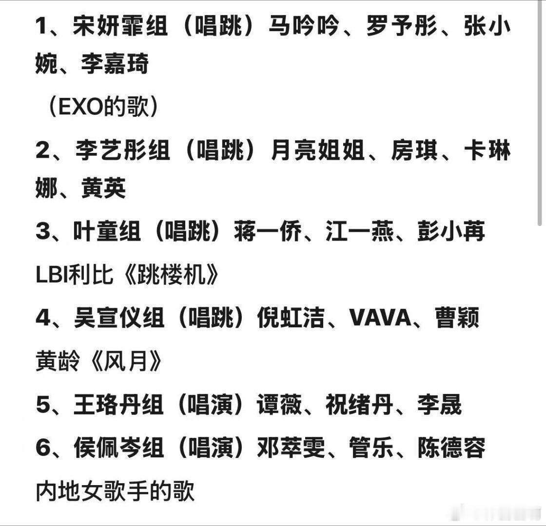 网传浪姐三公歌单1、宋妍霏组(唱跳)马吟吟、罗予彤、张小婉、李嘉琦(EXO的歌)