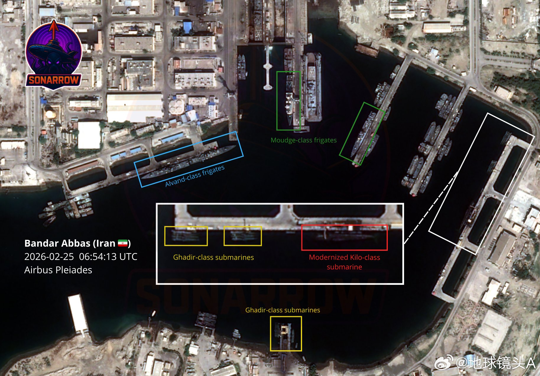 伊朗 伊朗，昨日阿巴斯港海军基地的高清卫星图片照片中出现了伊朗海军最近完成现代化