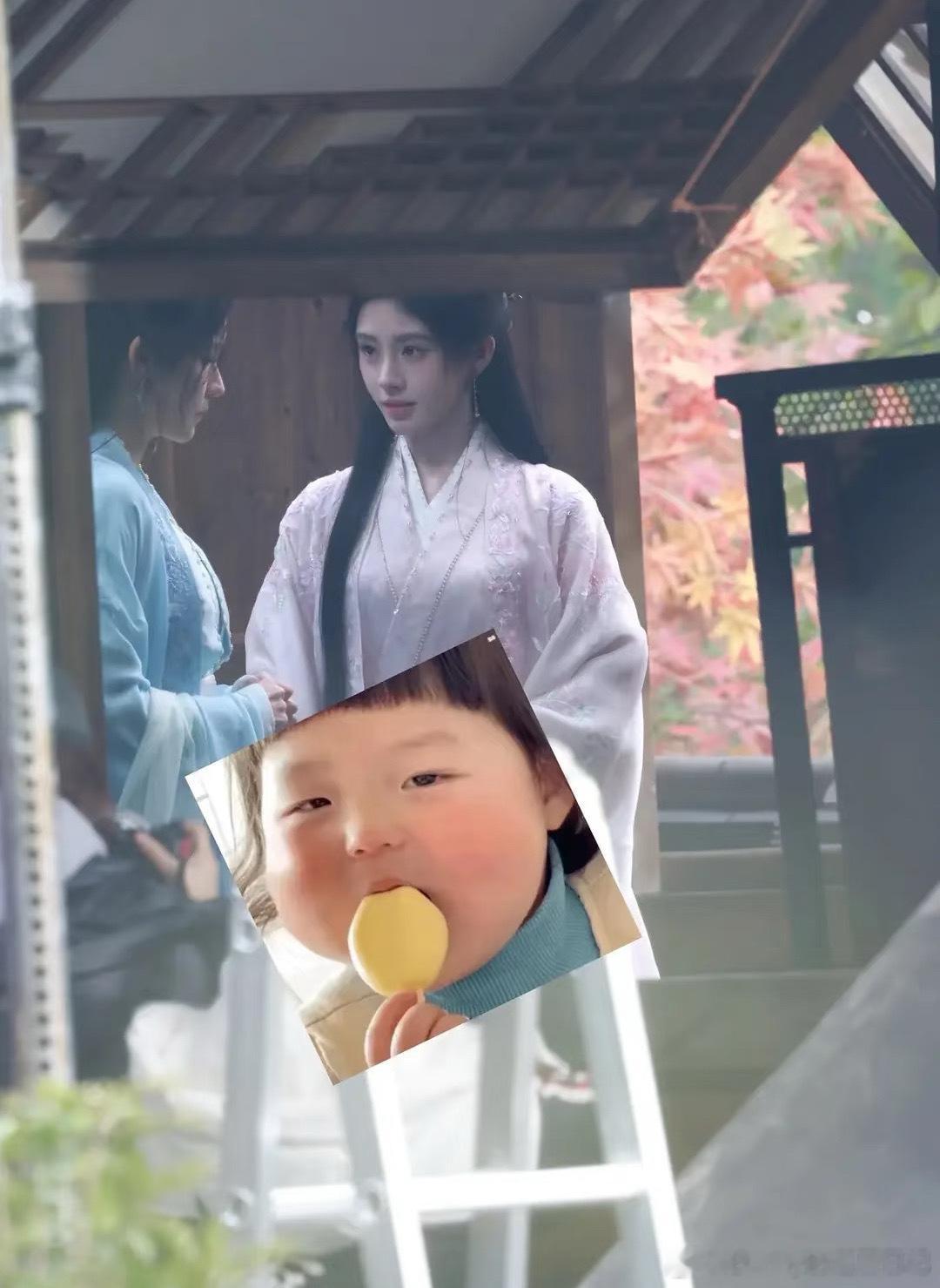 鞠婧祎粉衣古装路透 小🍊今天穿新衣服啦！粉色好美～ 