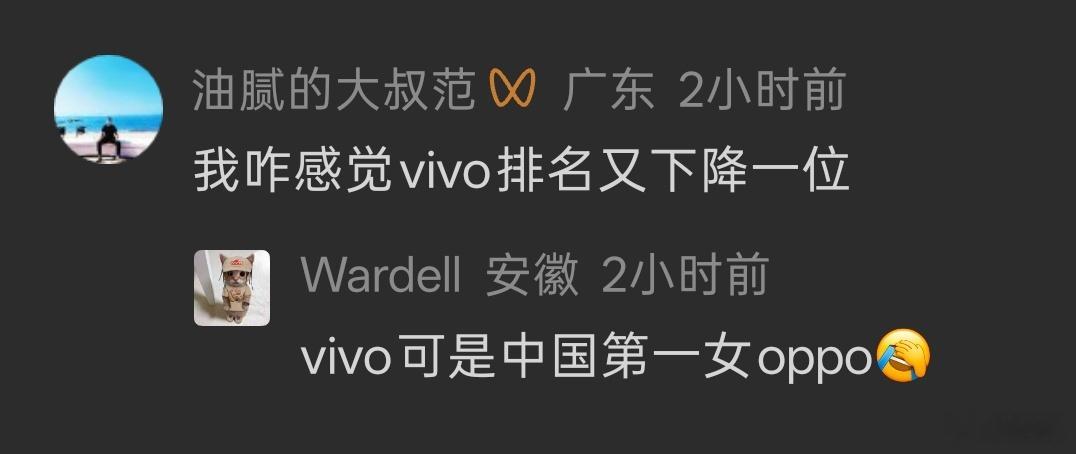 这评论笑到我了，“vivo可是中国第一女OPPO”不听说唱的可能不知道这个梗