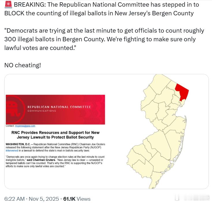 共和党全国委员会已介入，阻止新泽西州伯根县统计非法选票。声明指出：“民左党人正试