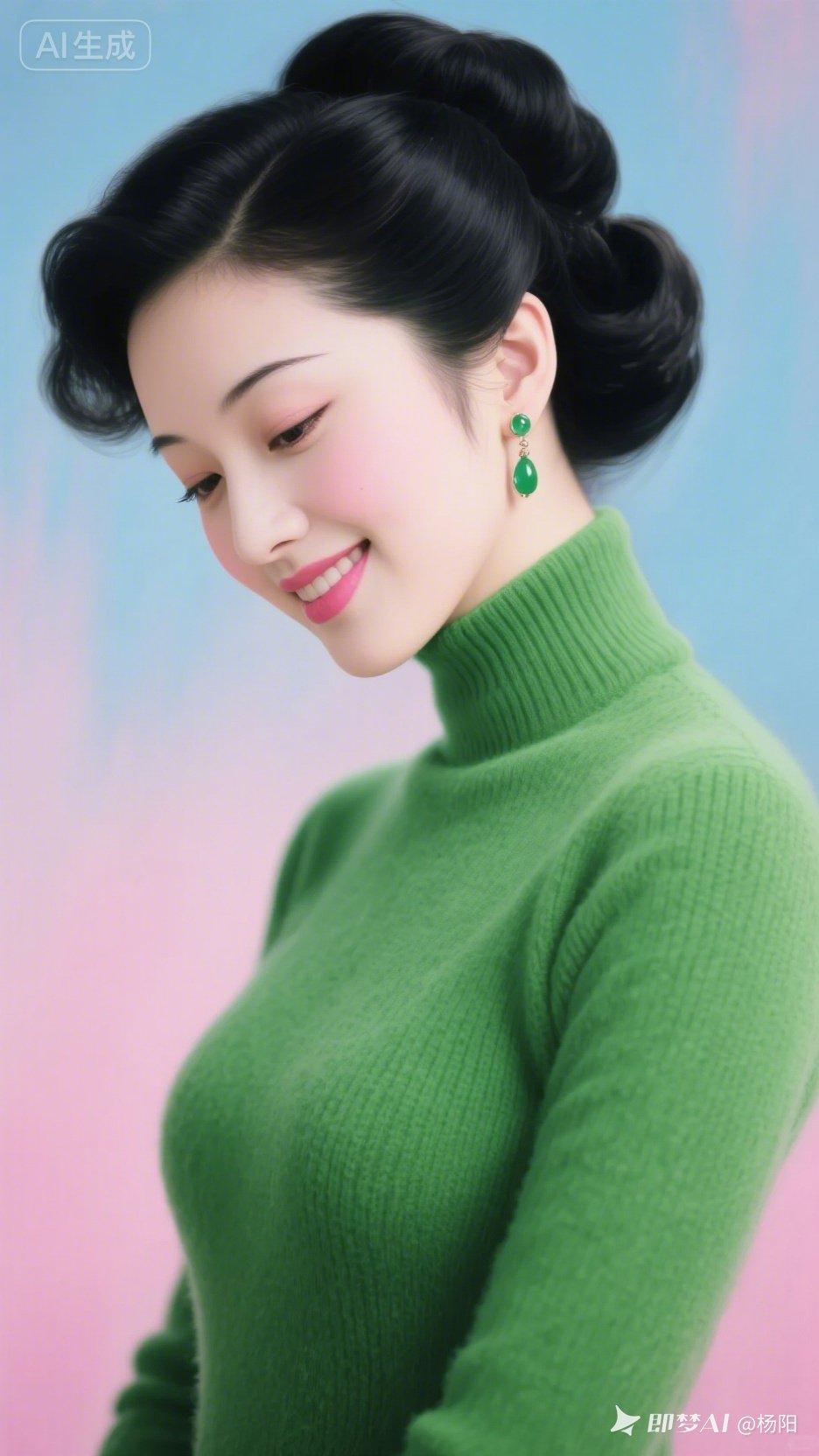 优雅复古风，绿衣配绿耳环，气质满分！💚💎
