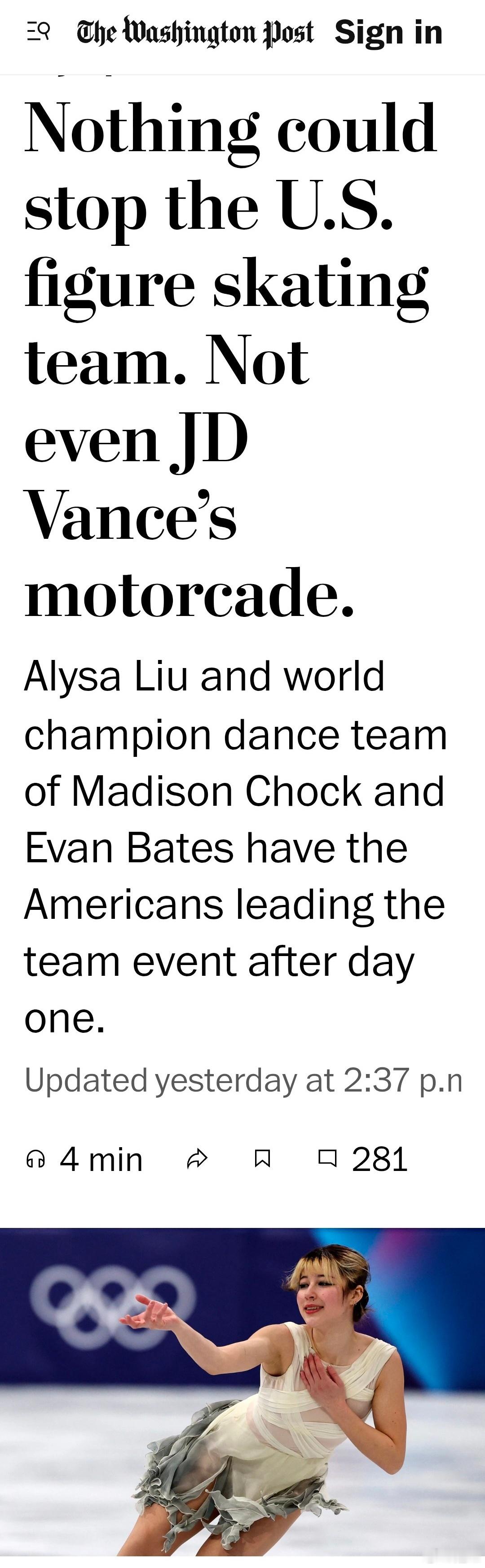 哈哈，华盛顿邮报说，美国副总统万斯去花样滑冰现场给美国队加油。但是他的车队造成了