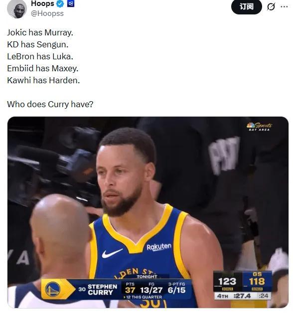 美媒：KD有申京、老詹有东契奇、小卡有哈登，库里有谁？ 