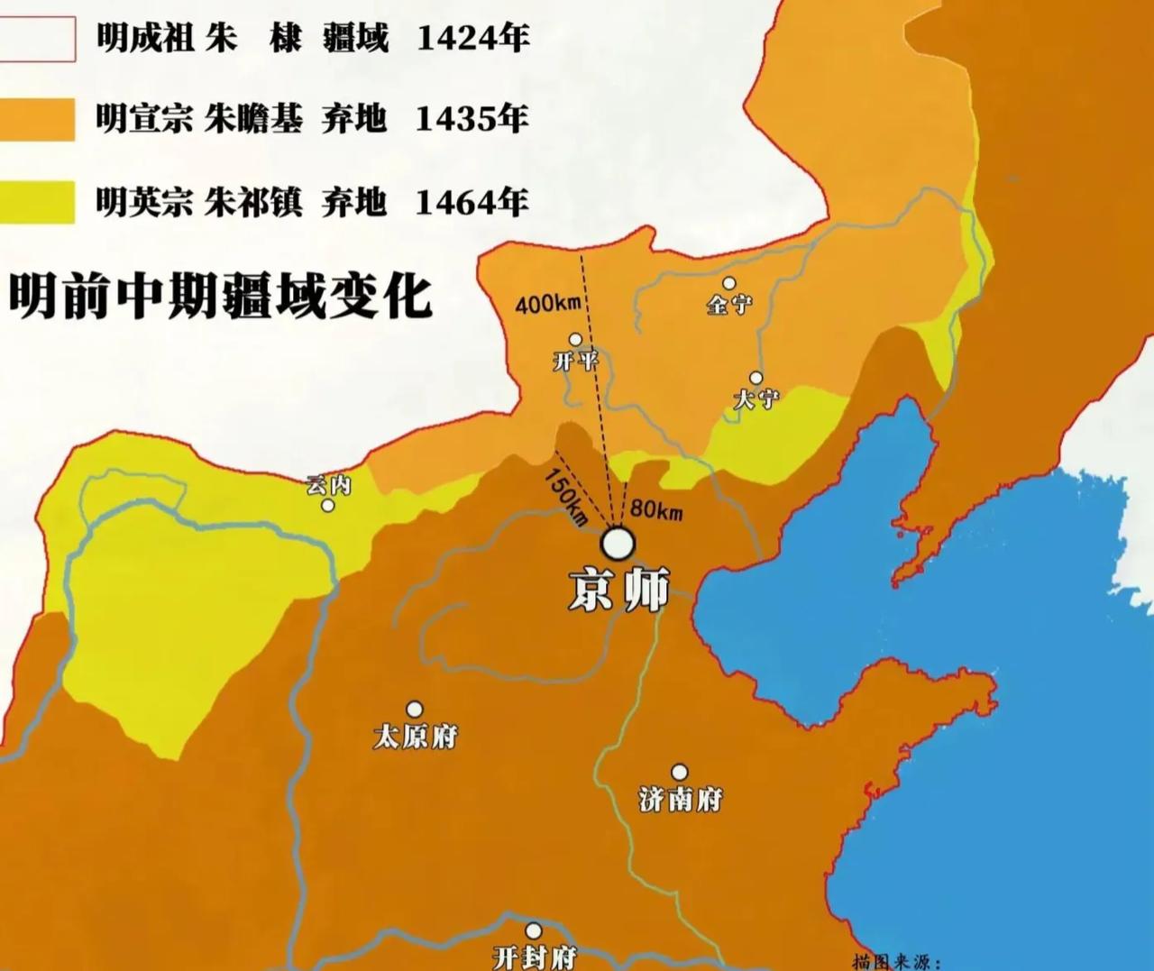  明代的北部边防线在明太祖时期最为靠北。
靖难之役以后，成祖朱棣将原来属于宁王的