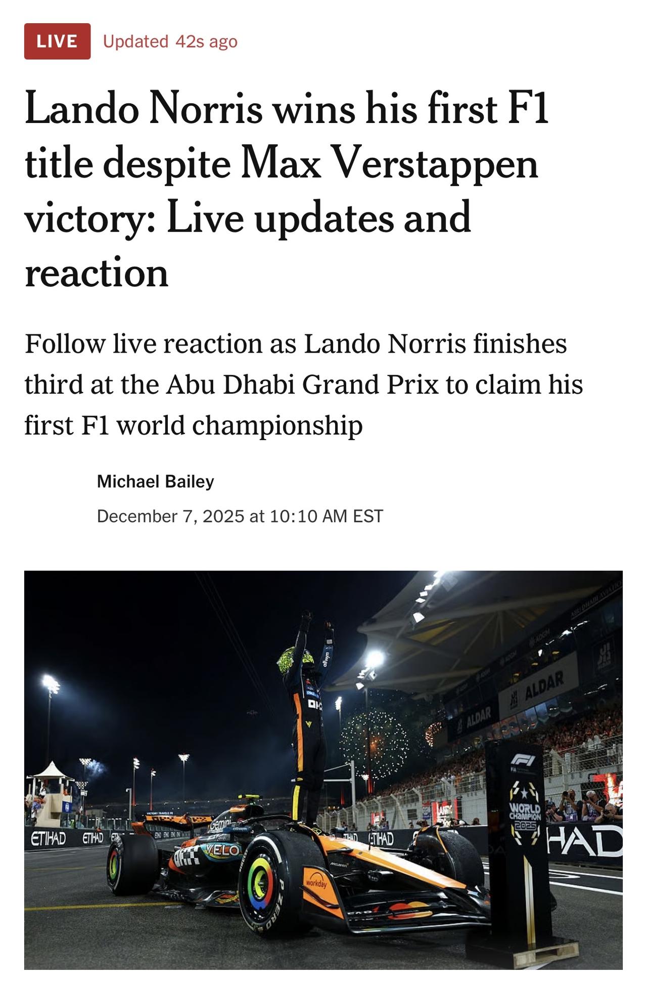 兰多·诺里斯Lando Norris在阿布扎比大奖赛中获得第三名，首次加冕F1世