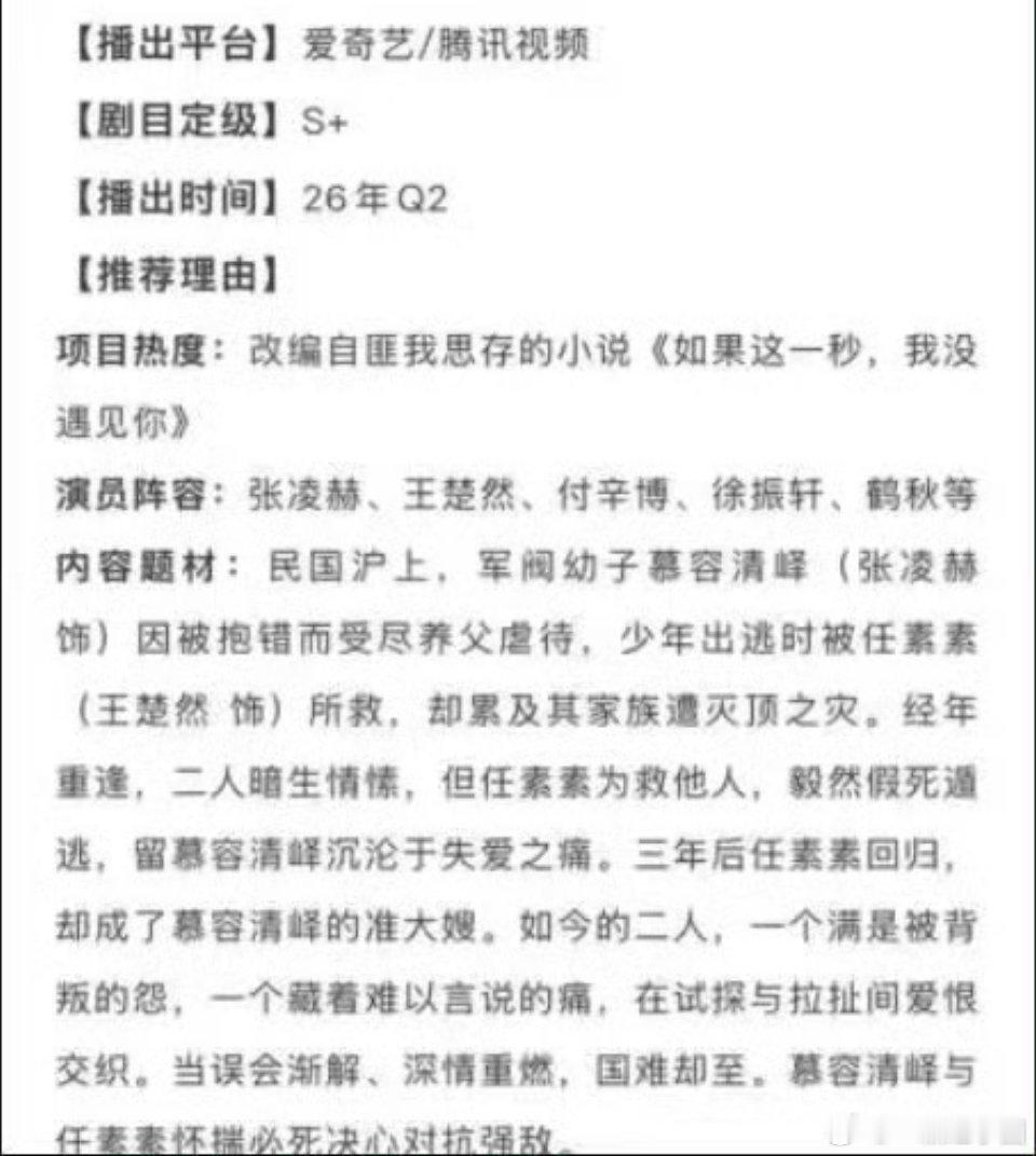 张凌赫 王楚然 这一秒过火开启招商！暂定Q2播出！简介真带感！ 