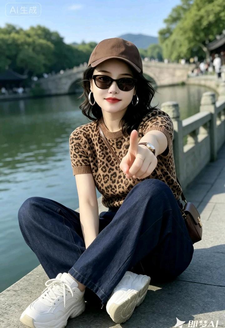 元气少女在湖边打卡，复古帽子和豹纹衫的搭配，元气满满！你认为美貌和人品哪个最重要