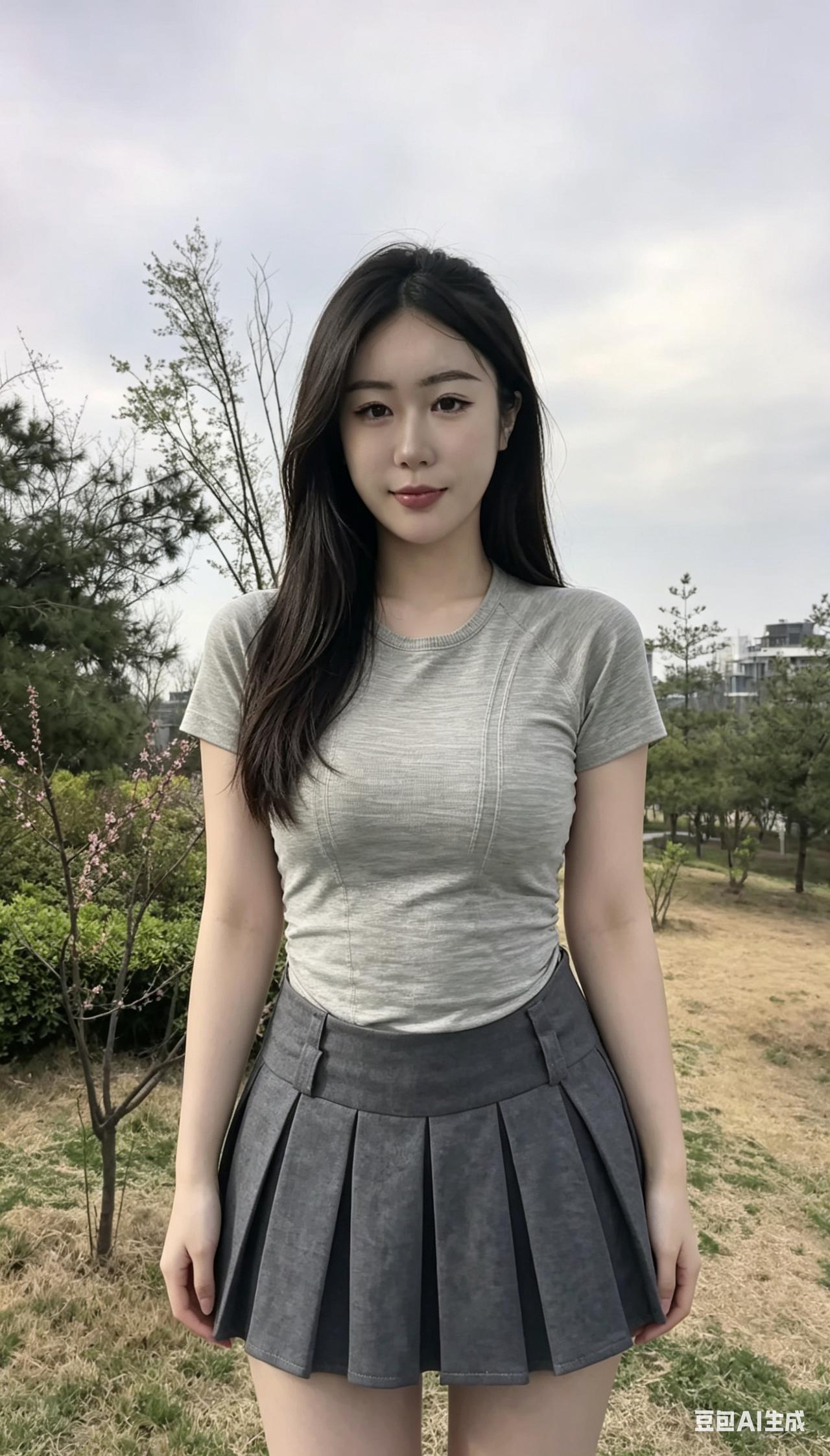 百褶裙扬起的弧度
是青春最温柔的弧度
灰色T恤包裹的，是最鲜活的灵魂
你走过花树